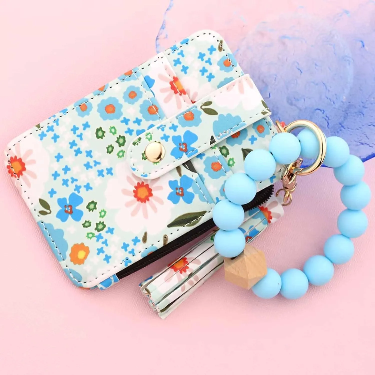 Women's Boho Beaded Wallet, Boho Style Beaded Tassel Keychain Wallet with Flower Pattern Bracelet Wallets