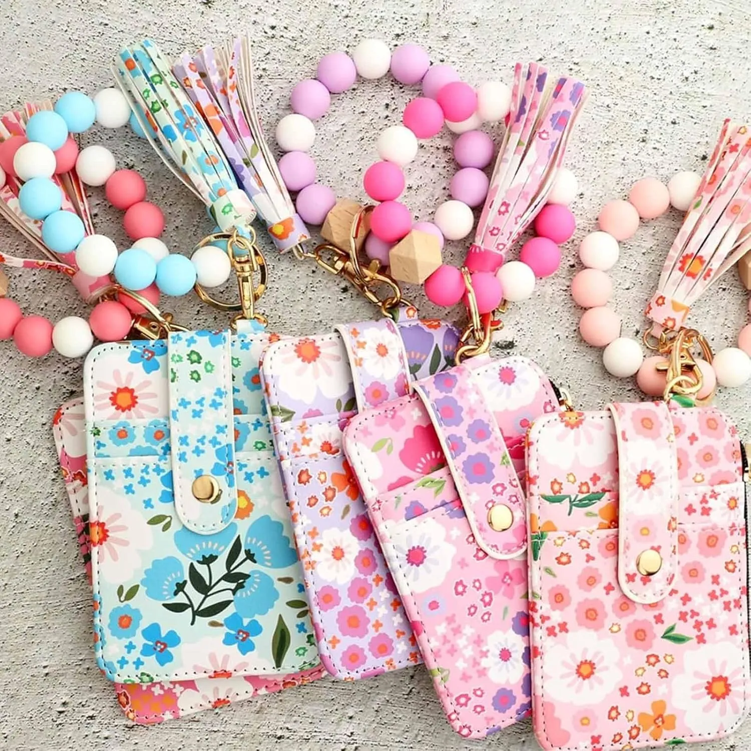 Women's Boho Beaded Wallet, Boho Style Beaded Tassel Keychain Wallet with Flower Pattern Bracelet Wallets
