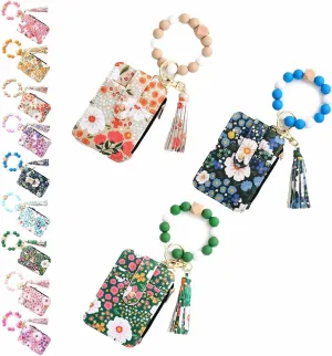 Women's Boho Beaded Wallet, Boho Style Beaded Tassel Keychain Wallet with Flower Pattern Bracelet Wallets