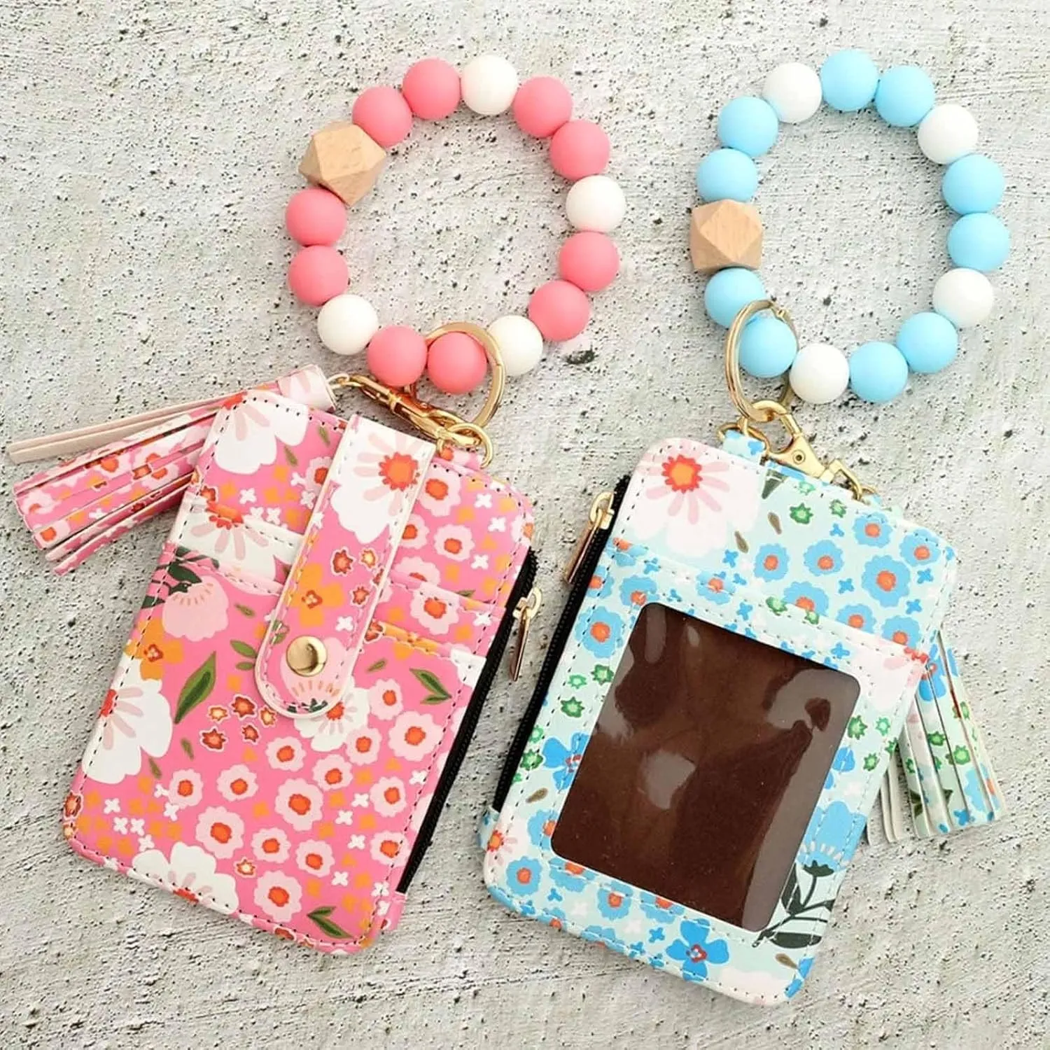 Women's Boho Beaded Wallet, Boho Style Beaded Tassel Keychain Wallet with Flower Pattern Bracelet Wallets