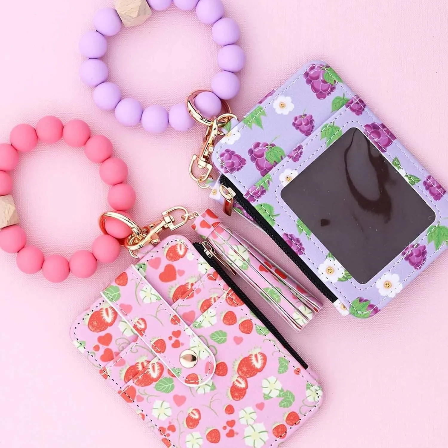 Women's Boho Beaded Wallet, Boho Style Beaded Tassel Keychain Wallet with Flower Pattern Bracelet Wallets