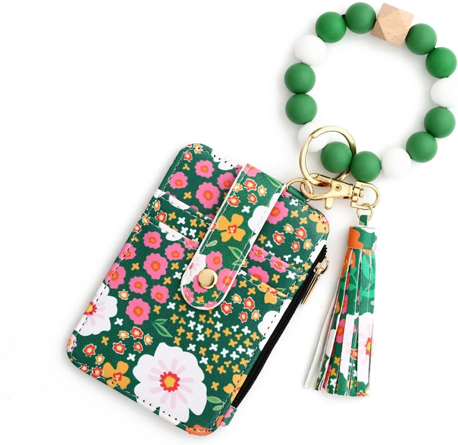 Women's Boho Beaded Wallet,Bracelet Keychain Wallet with Beaded Tassel Decoration,Style Wristlet Pouch with Floral Pattern(Green)