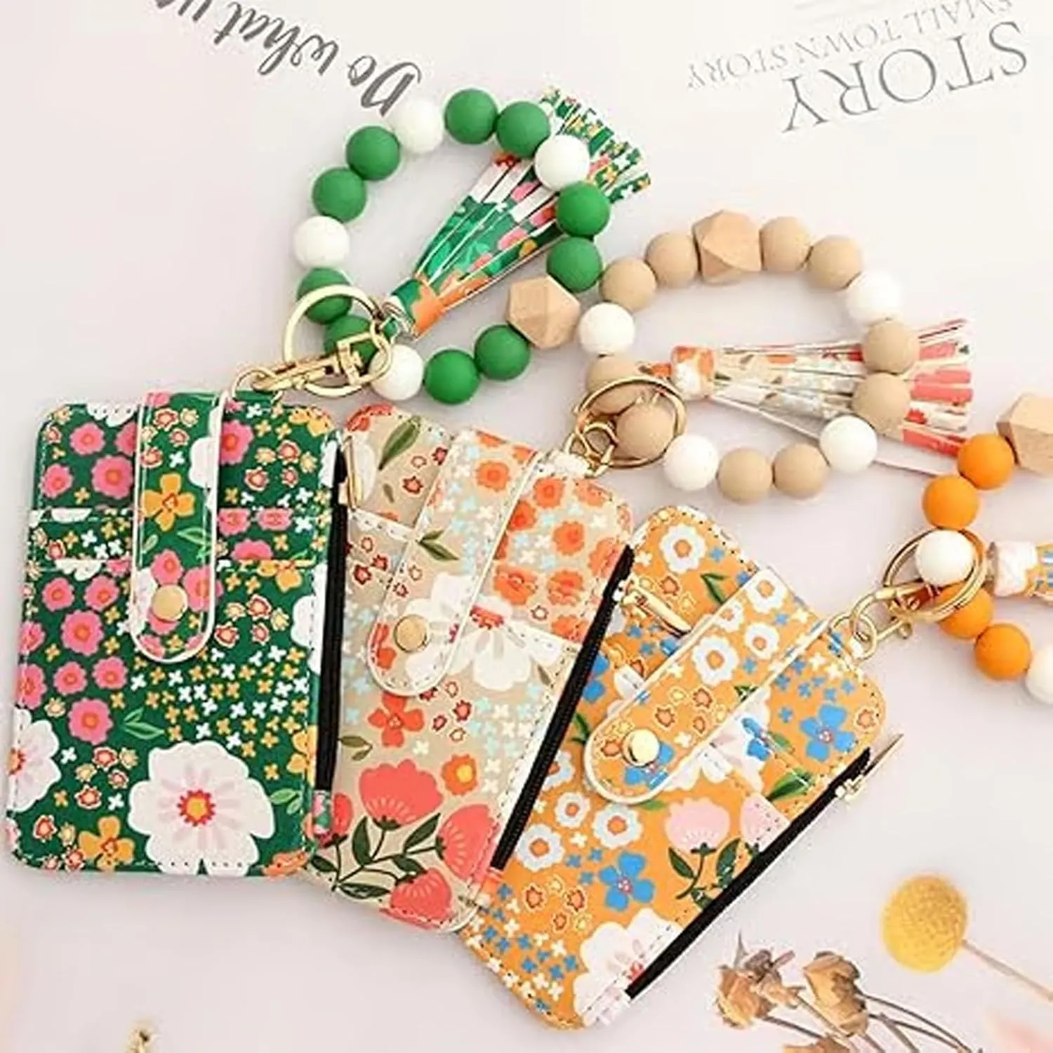 Women's Boho Beaded Wallet,Bracelet Keychain Wallet with Beaded Tassel Decoration,Style Wristlet Pouch with Floral Pattern(Green)