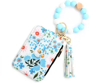Women's Boho Beaded Wallet,Bracelet Keychain Wallet with Beaded Tassel Decoration,Style Wristlet Pouch with Floral Pattern(Light Blue)
