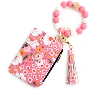 Women's Boho Beaded Wallet,Bracelet Keychain Wallet with Beaded Tassel Decoration,Style Wristlet Pouch with Floral Pattern(Pink)