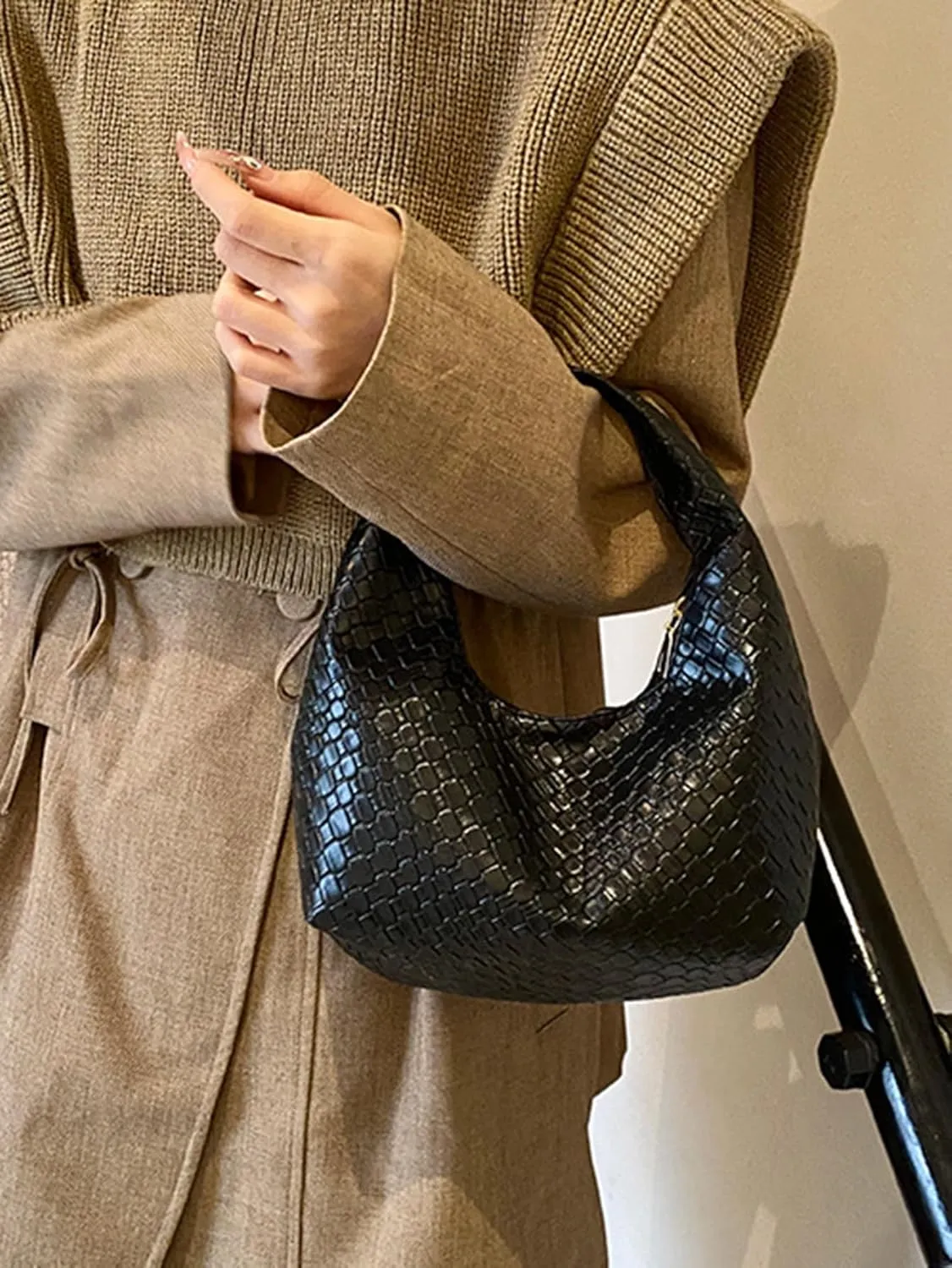 Women's Clutch Underarm Purses Woven Pattern PU Leather Hobo Crescent Handbag Bags