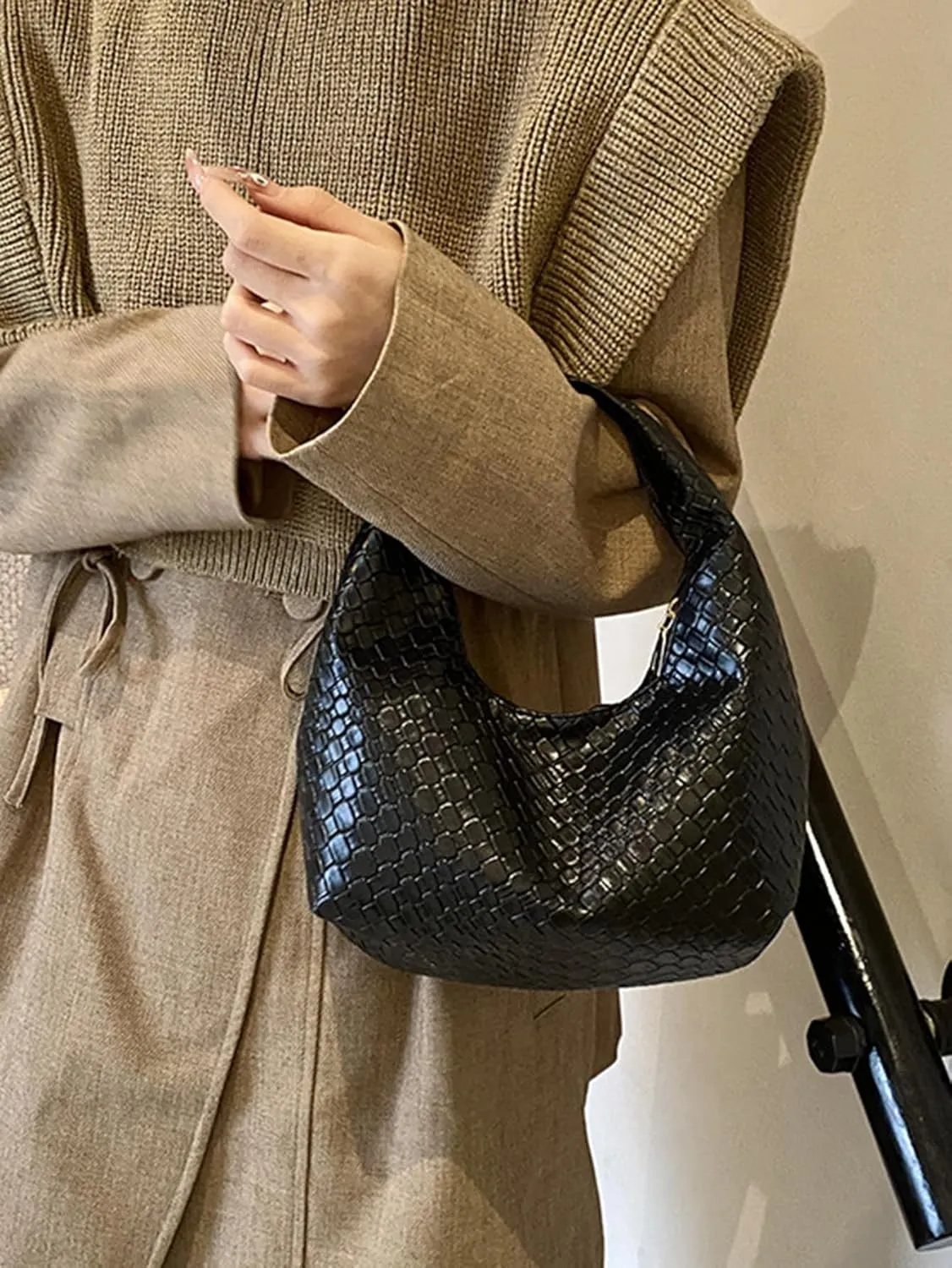 Women's Clutch Underarm Purses Woven Pattern PU Leather Hobo Crescent Handbag Bags