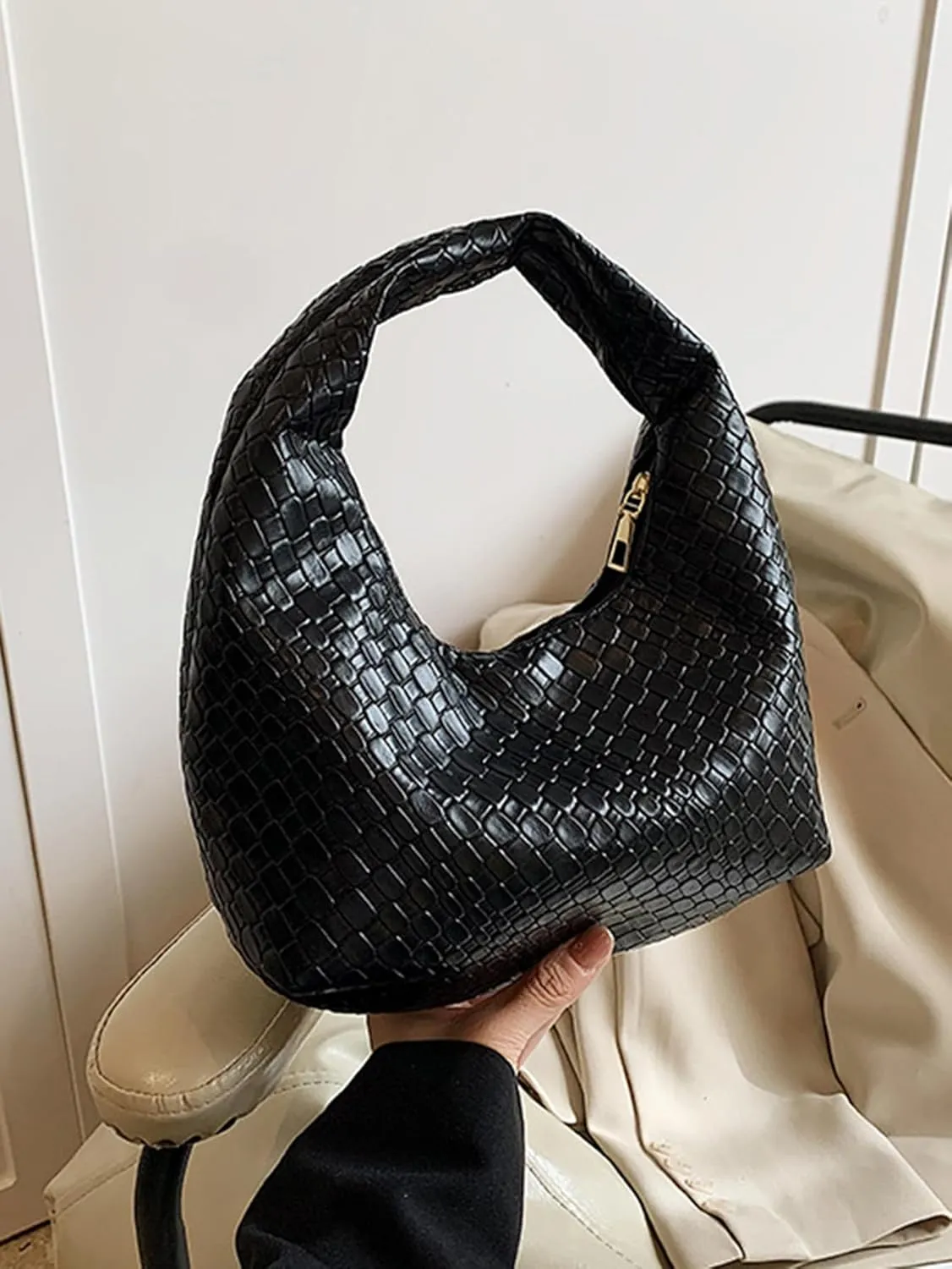 Women's Clutch Underarm Purses Woven Pattern PU Leather Hobo Crescent Handbag Bags