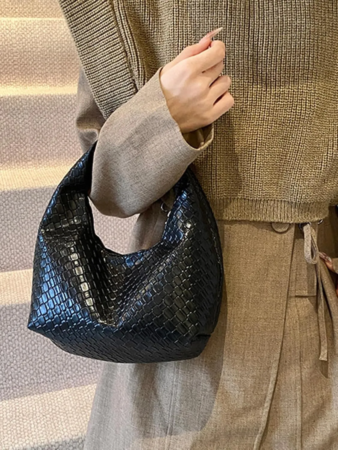 Women's Clutch Underarm Purses Woven Pattern PU Leather Hobo Crescent Handbag Bags