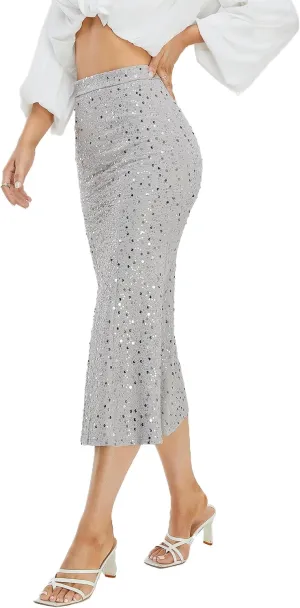 Women's Sequin Skirt Sparkle Stretchy Bodycon Midi Mermaid Skirt Formal Skirts Night Out Party Silver